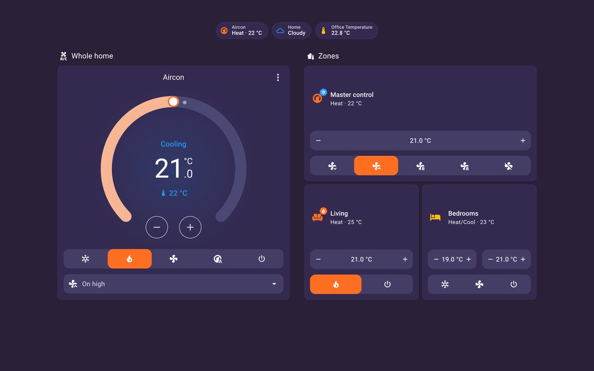 Home Assistant aircon lab dashboard running the Synthwave theme (Dark), on desktop