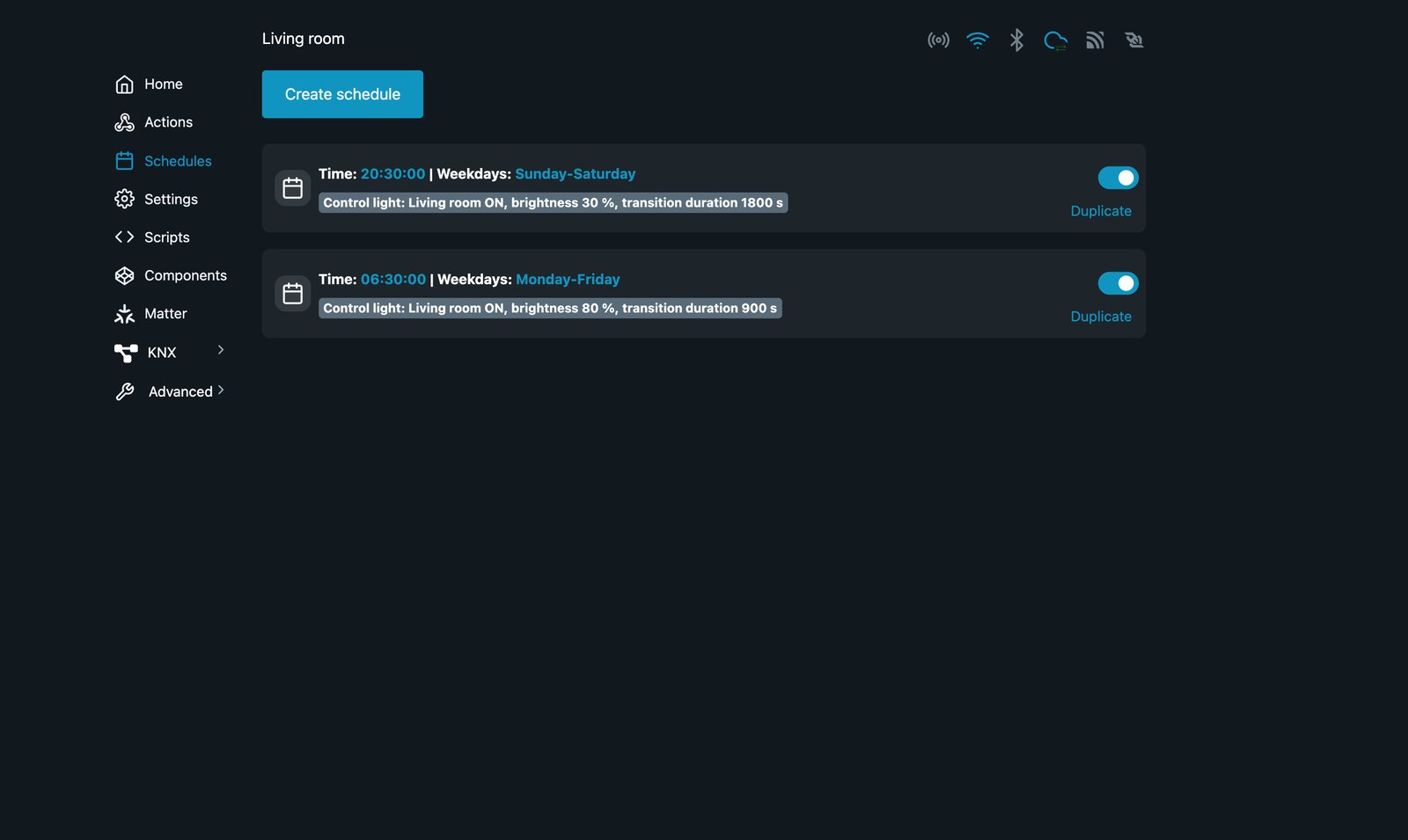 Shelly local web interface Schedules list for Living room: 20:30 every day at brightness 30% over 1800 seconds, and 06:30 Monday to Friday at 80% over 900 seconds.