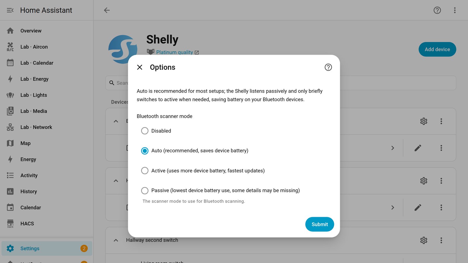 Shelly integration options in Home Assistant with Bluetooth scanner mode set to Auto