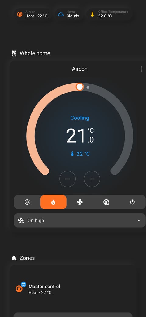 Home Assistant aircon lab dashboard running the Soft theme (Dark), on a phone