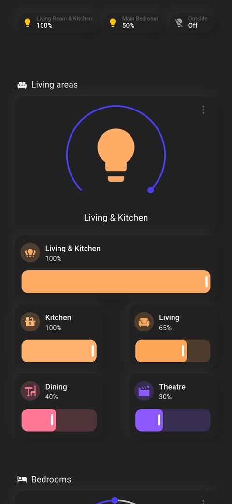 Home Assistant lights lab dashboard running the Soft theme (Dark), on a phone