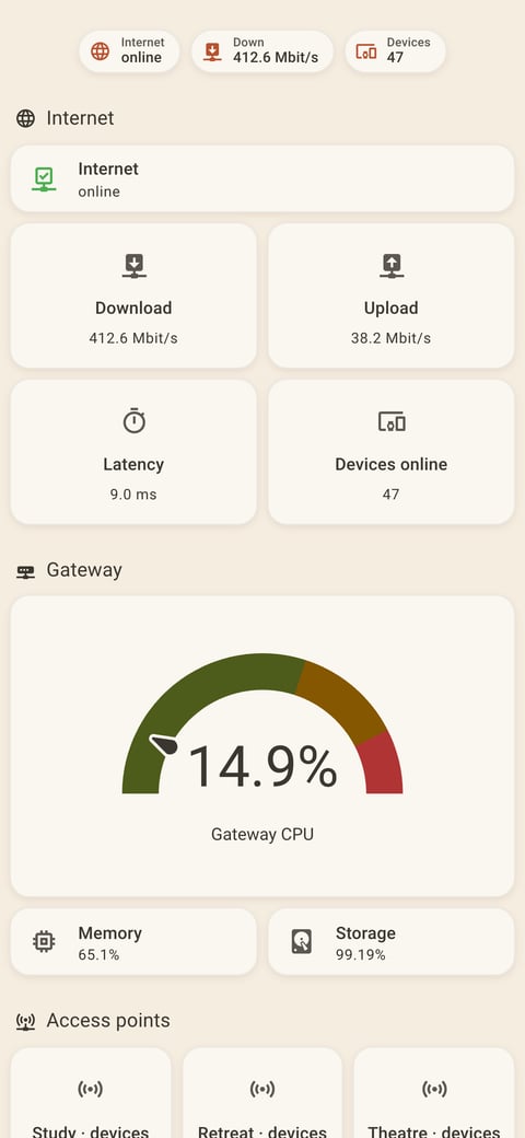 Home Assistant network lab dashboard running the Warm Burnout theme (Light), on a phone