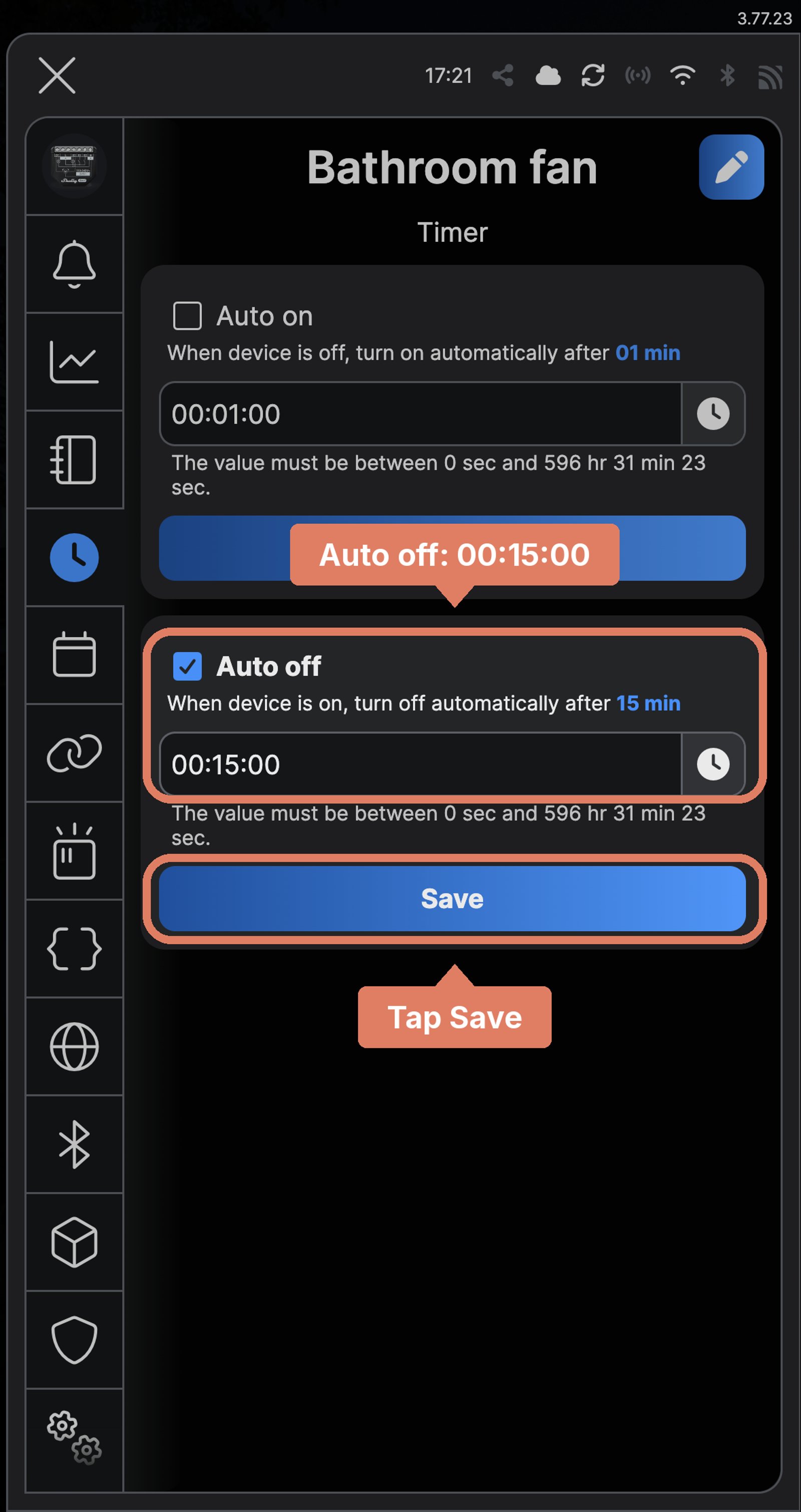 Shelly app Timer screen for Bathroom fan, with Auto off at 00:15:00 labelled and Save marked.