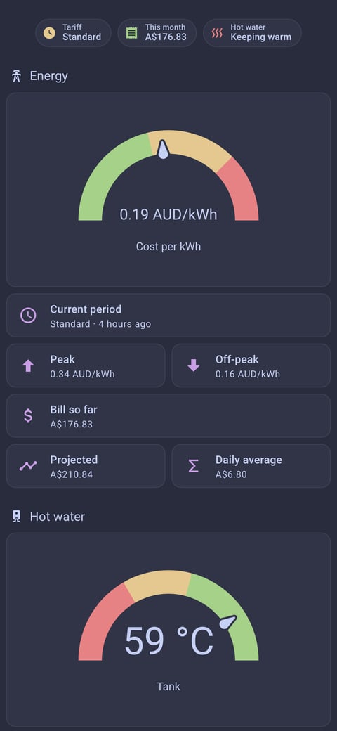 Home Assistant energy lab dashboard running the Catppuccin theme (Frappe), on a phone