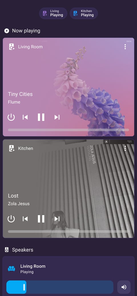 Home Assistant media lab dashboard running the Synthwave theme (Dark), on a phone