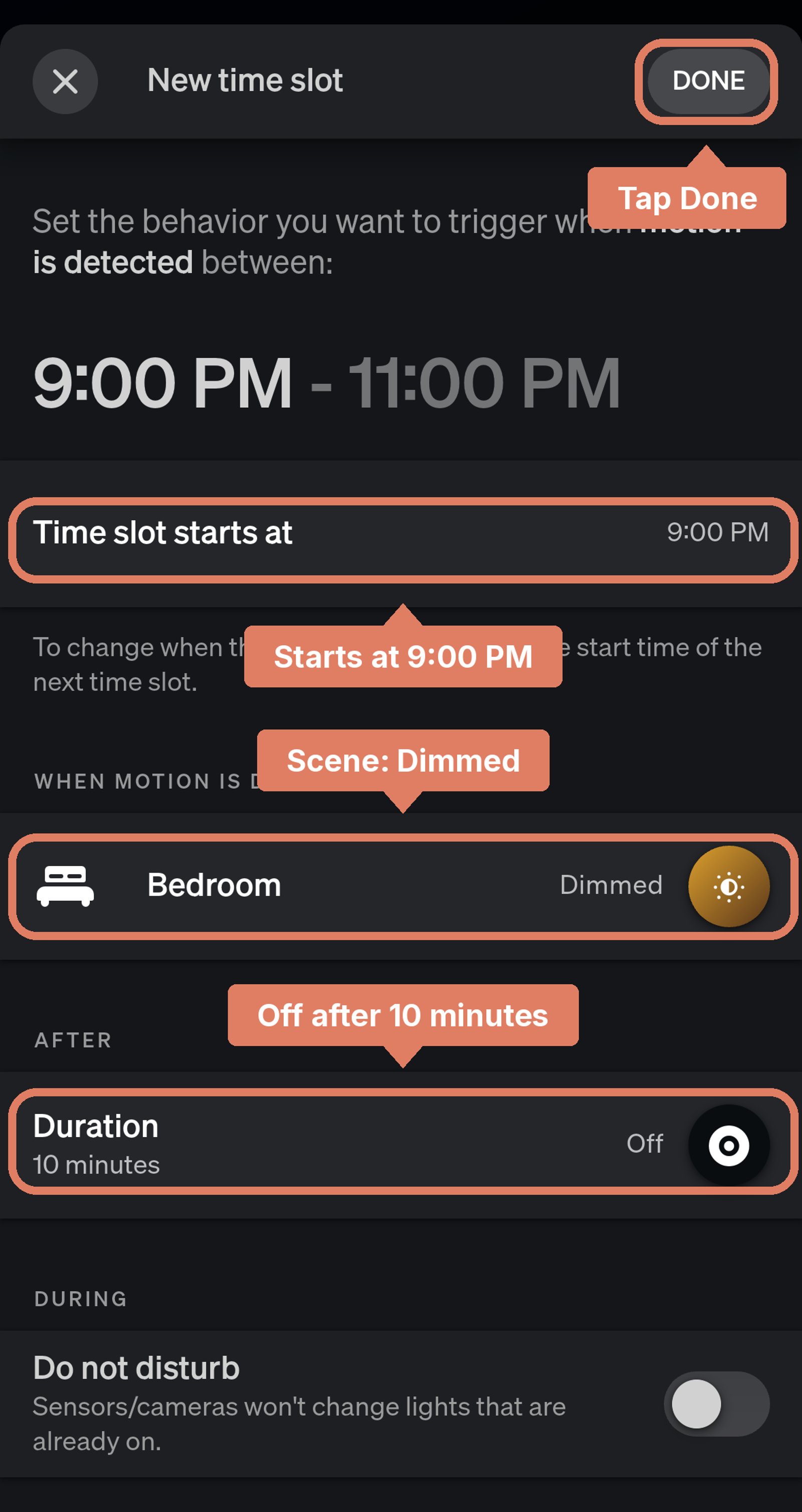 Philips Hue app New time slot from 9:00 PM, Dimmed on motion and off after 10 minutes, with each setting labelled and Done marked.