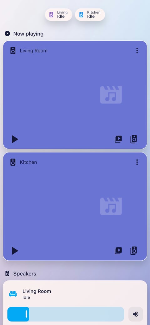 Home Assistant media lab dashboard running the Frosted Glass theme (Light), on a phone