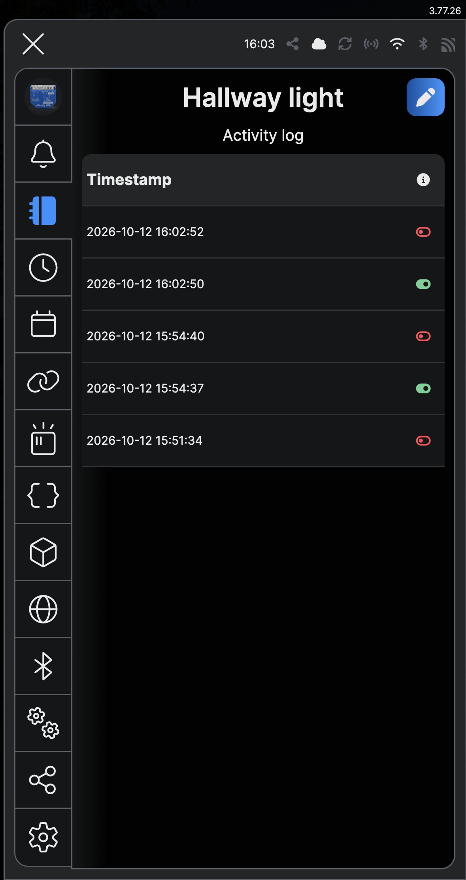 Shelly app activity log for Hallway light, listing the times it switched on and off.