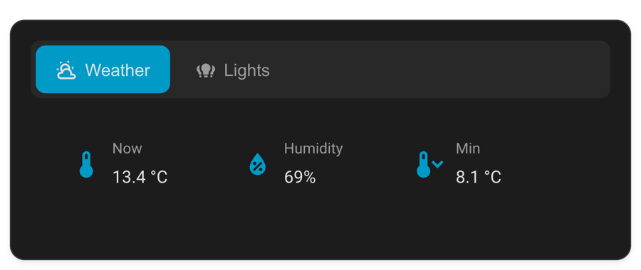 The Ultra Card Tabs module for Home Assistant under stock Home Assistant styling, dark, shown on its own