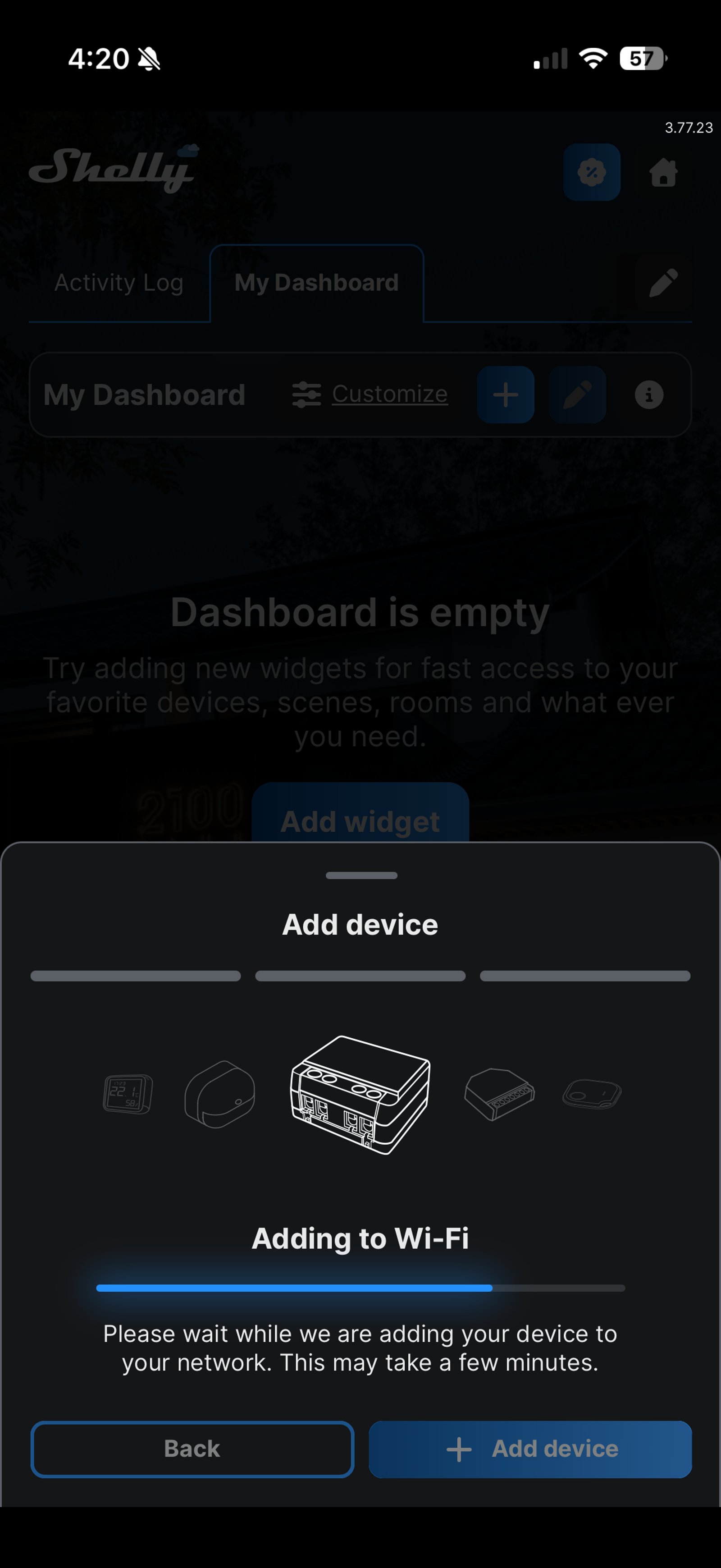Shelly Smart Control progress screen reading Adding to Wi-Fi while the device joins the home network