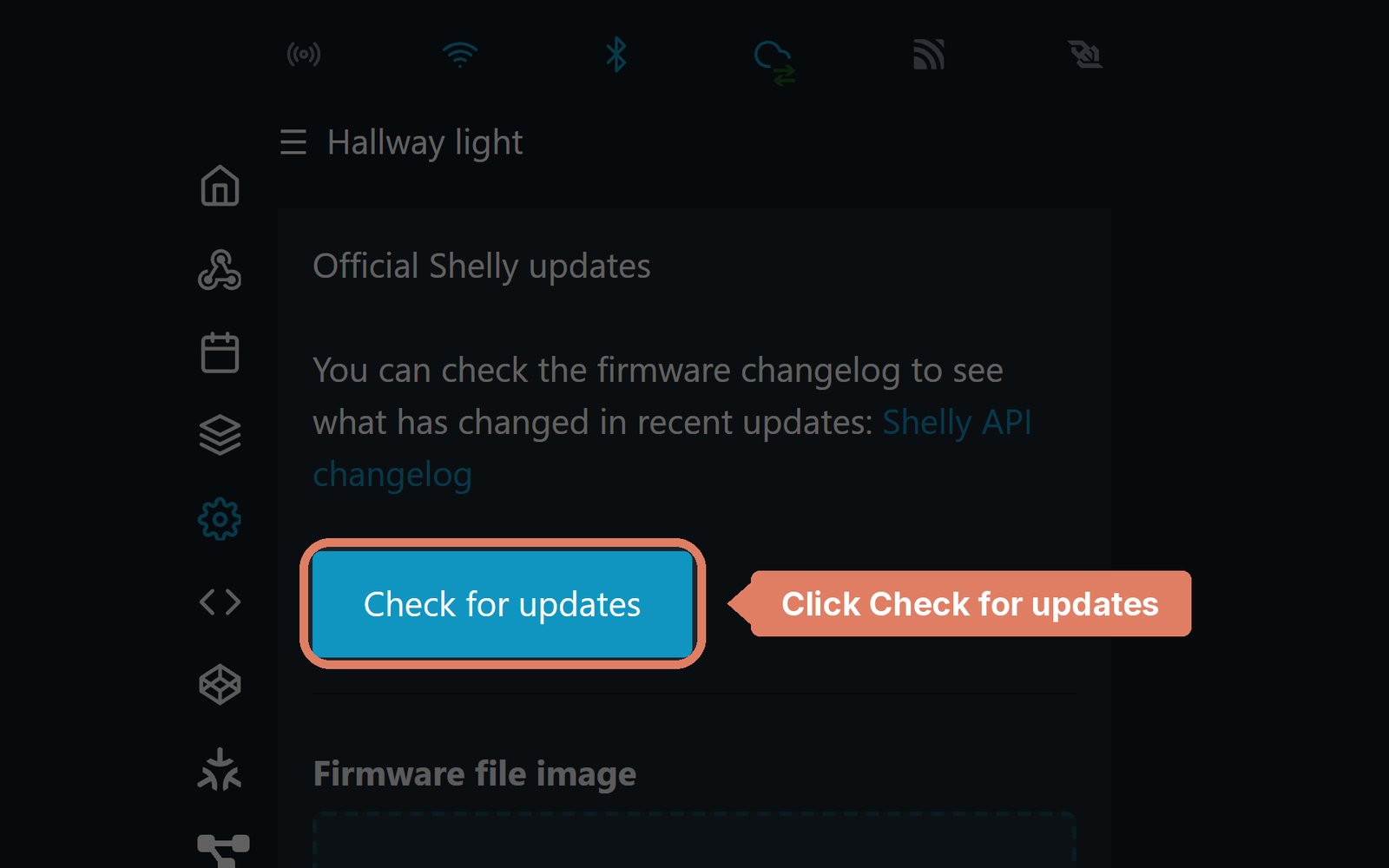 The Shelly web page's firmware settings, with the Check for updates button marked