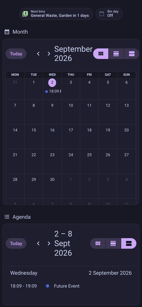Home Assistant calendar lab dashboard running the Catppuccin theme (Mocha), on a phone