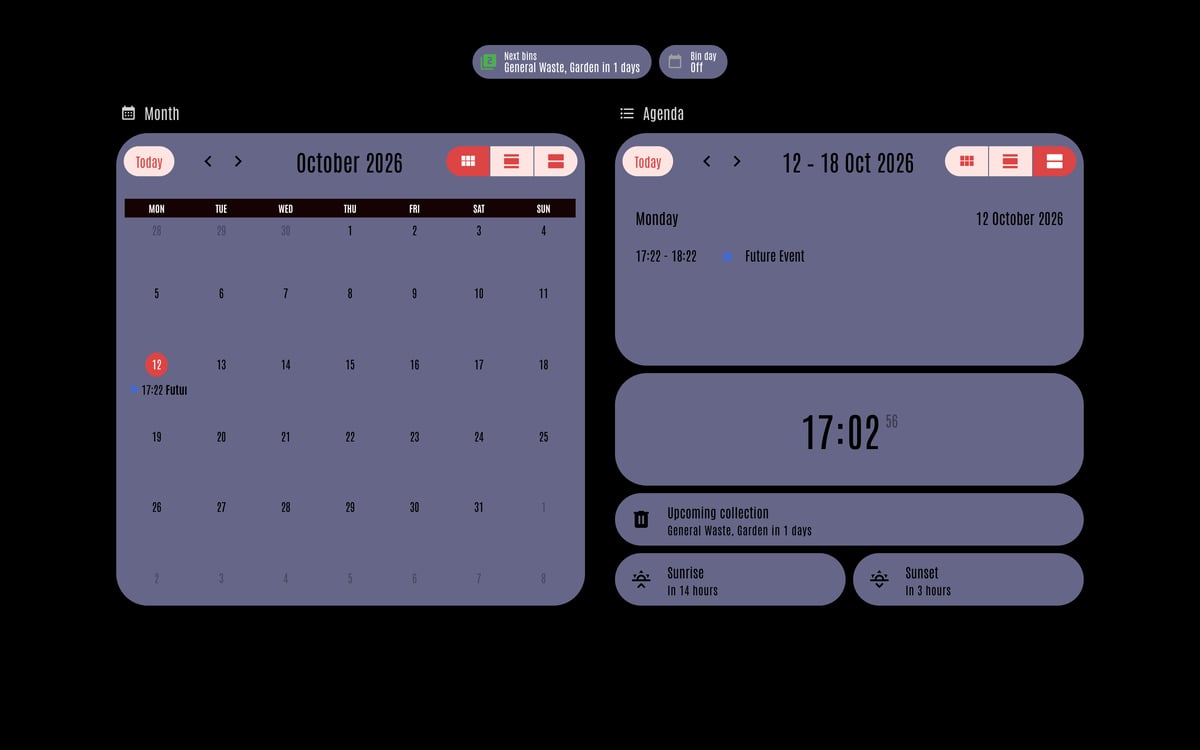 Home Assistant calendar lab dashboard running the LCARS theme (Default), on desktop