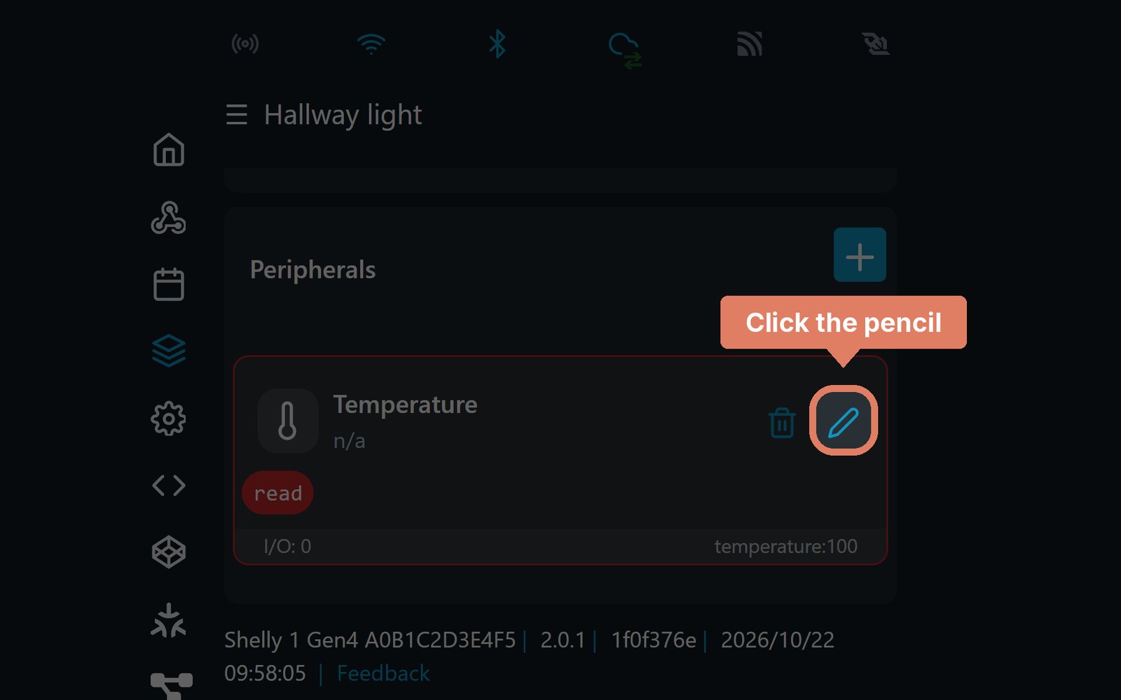 The Shelly web page's Add-on page, with the probe's edit button marked