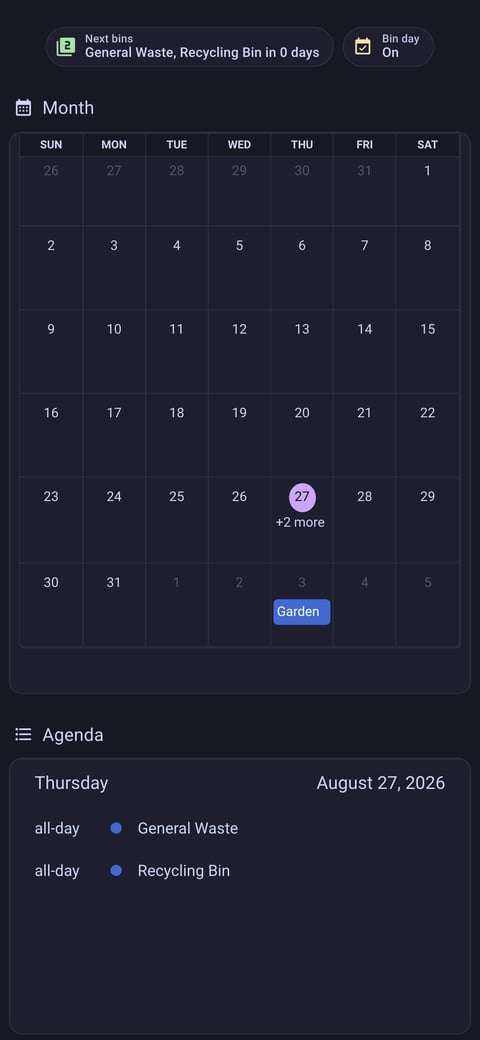 Home Assistant calendar lab dashboard running the Catppuccin theme (Mocha), on a phone