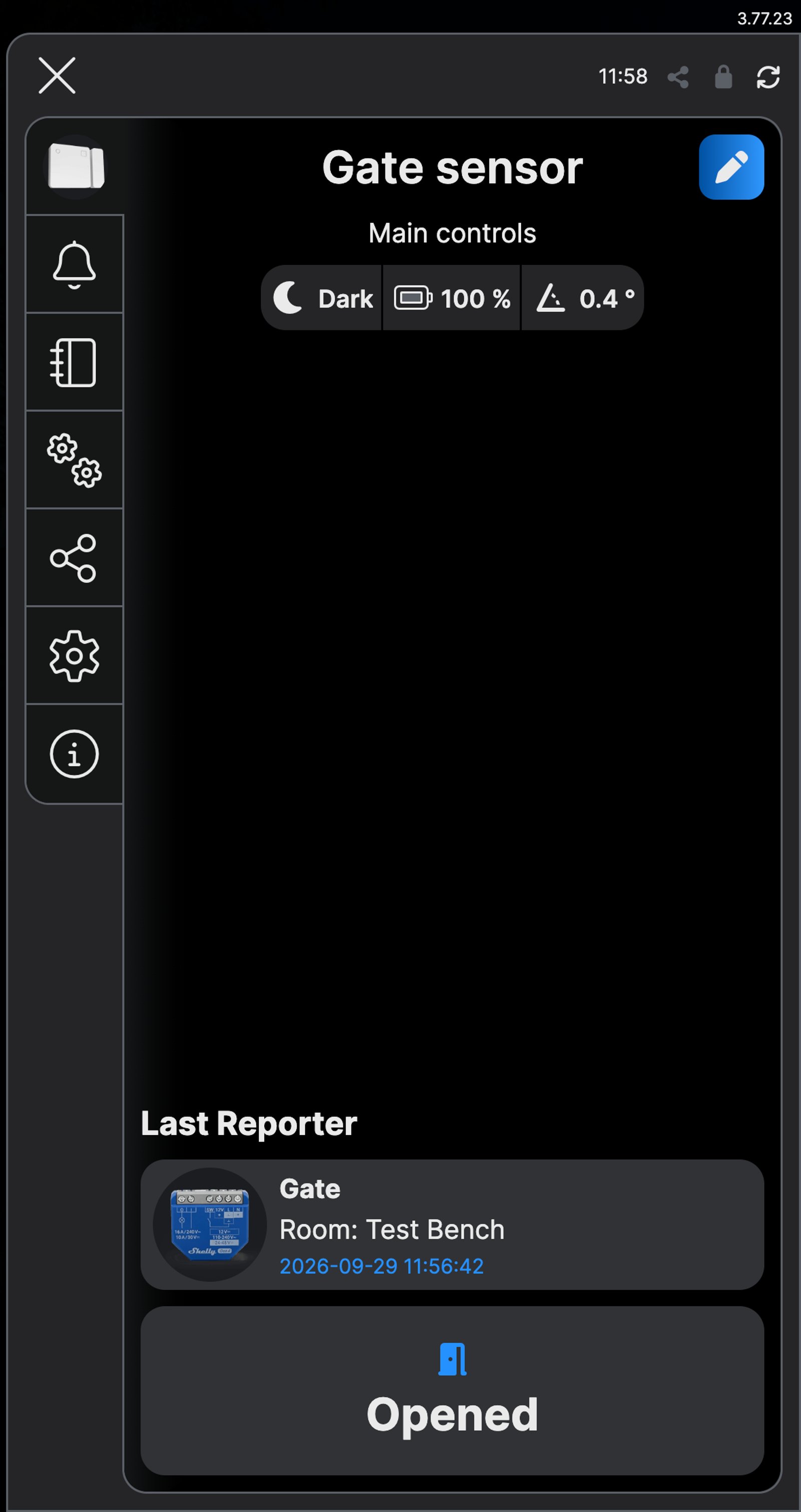 Shelly app screen for a door sensor named Gate sensor, showing Opened, reported through the Gate relay.