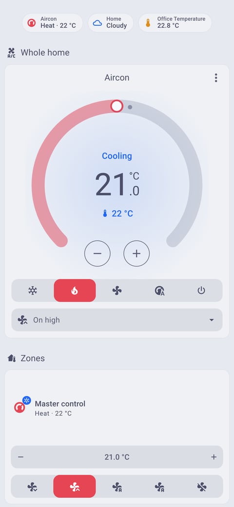 Home Assistant aircon lab dashboard running the Catppuccin theme (Latte), on a phone