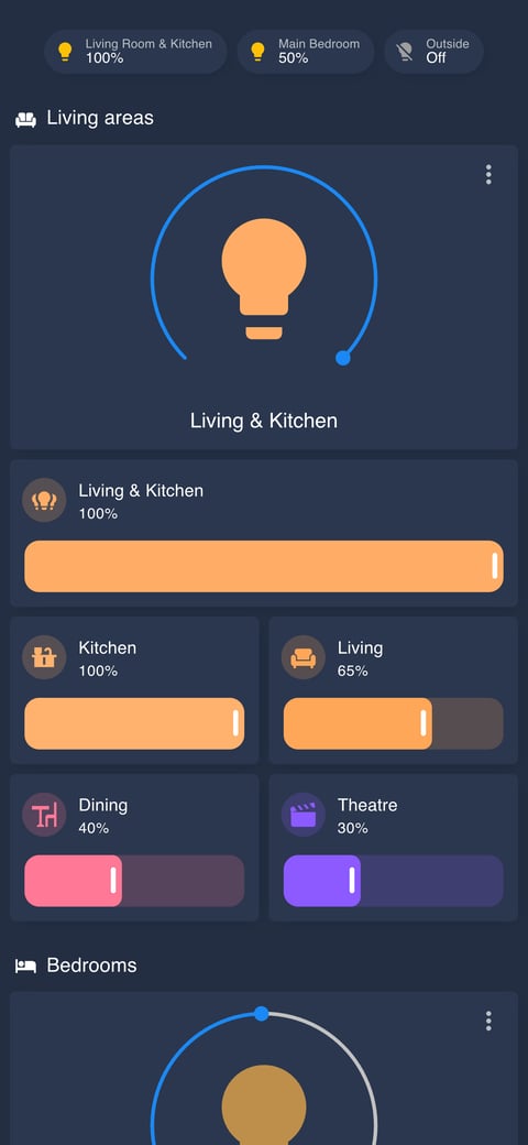 Home Assistant lights lab dashboard running the Noctis theme (Dark), on a phone
