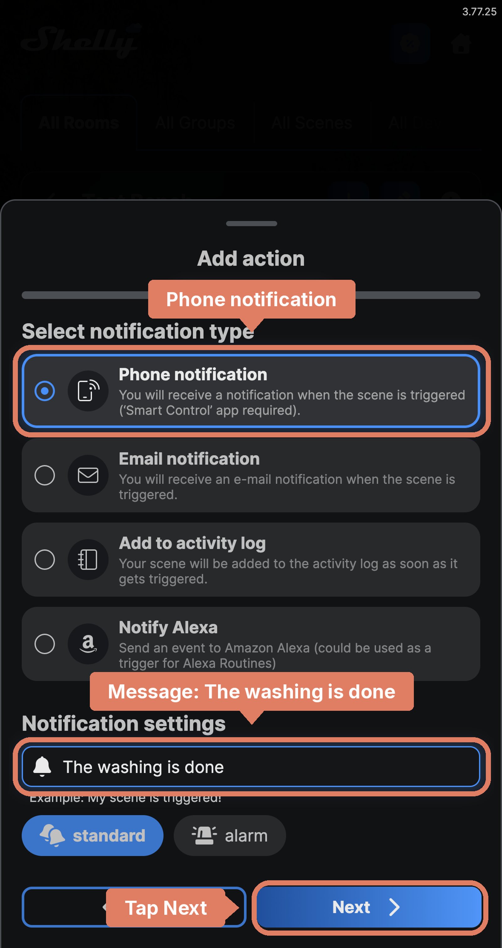Shelly app Add action step with Phone notification chosen and the message The washing is done labelled, and Next marked.