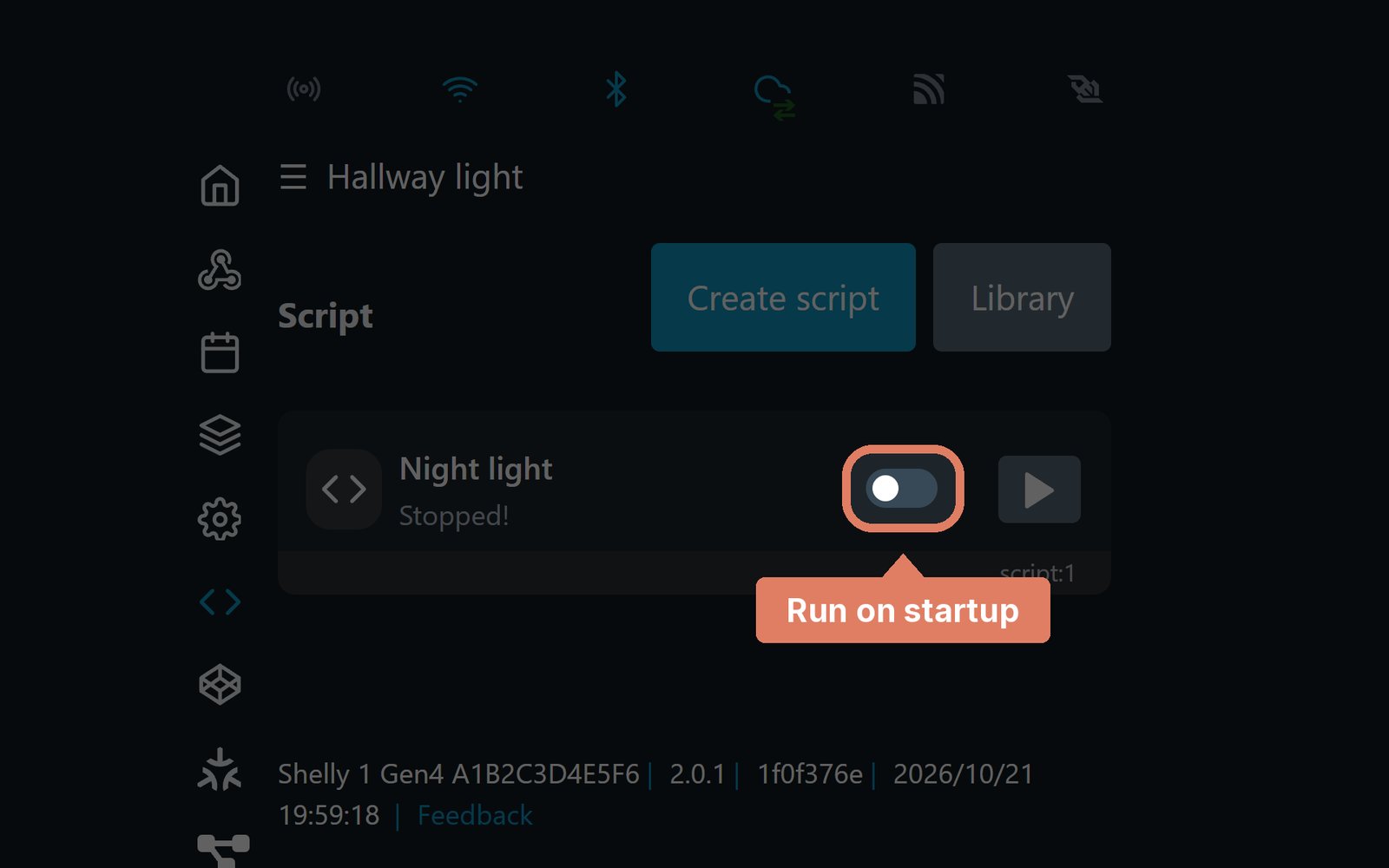 The Shelly web page's Scripts list, with the run on startup toggle beside a script marked