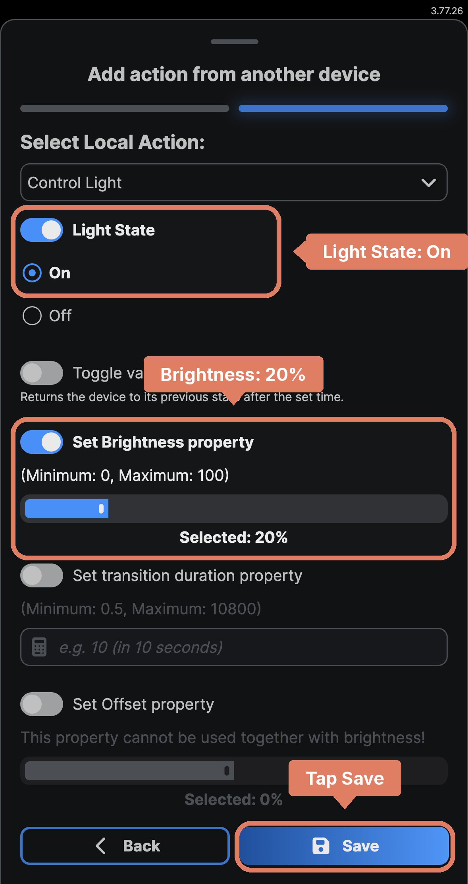 Shelly app local action for Lounge lights with Light State on and brightness set to 20%, and Save marked.