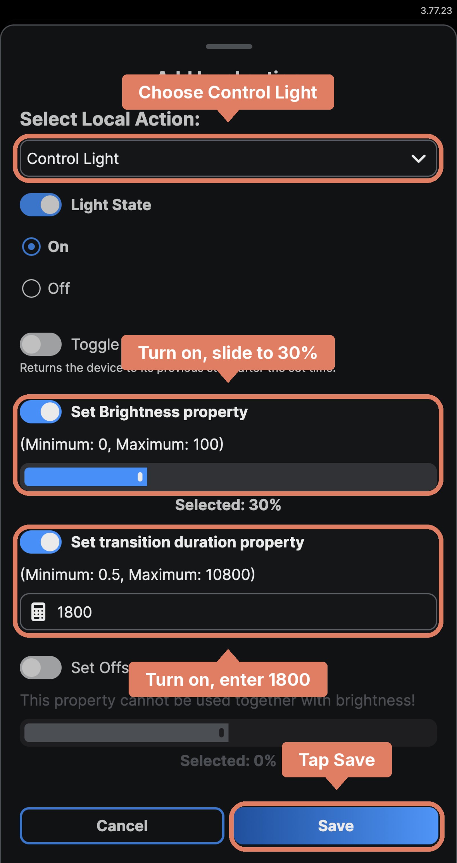 Shelly app Control Light action for Living room: on, brightness 30%, transition duration 1800 seconds, with Control Light, the brightness, the transition and Save marked.