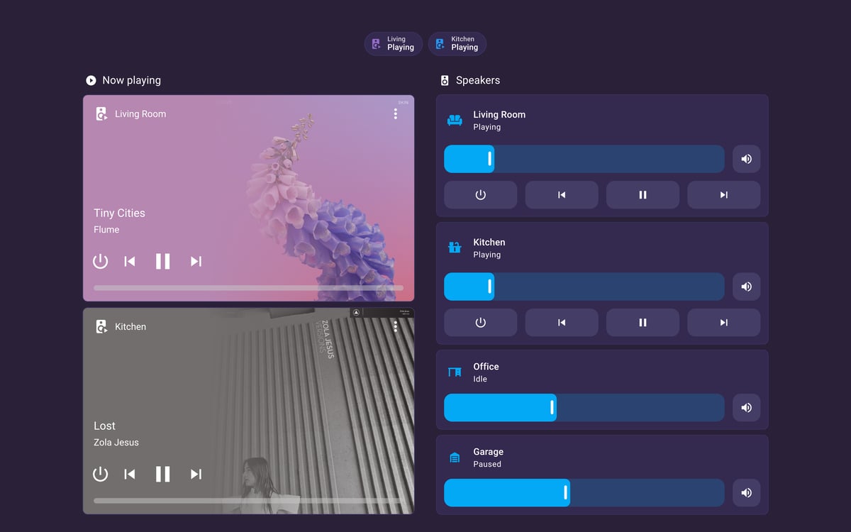 Home Assistant media lab dashboard running the Synthwave theme (Dark), on desktop