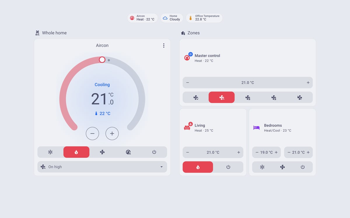 Home Assistant aircon lab dashboard running the Catppuccin theme (Latte), on desktop