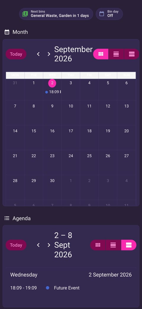 Home Assistant calendar lab dashboard running the Synthwave theme (Dark), on a phone