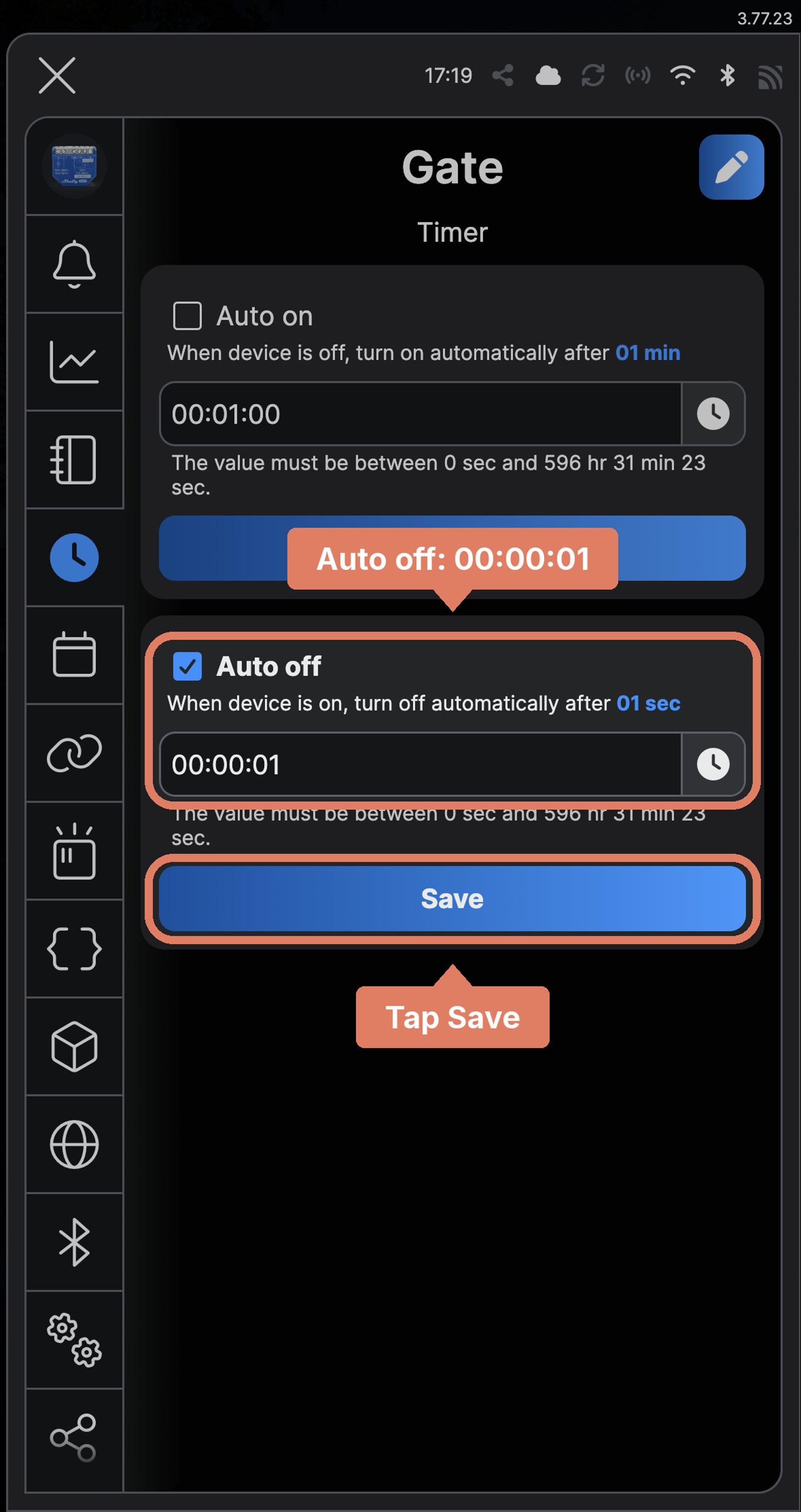 Shelly app Timer screen for a Shelly 1 Gen4 named Gate, with Auto off at 00:00:01 labelled and Save marked.