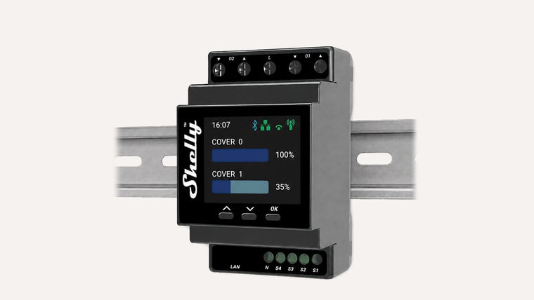 Shelly Pro Dual Cover/Shutter PM mounted on a DIN rail