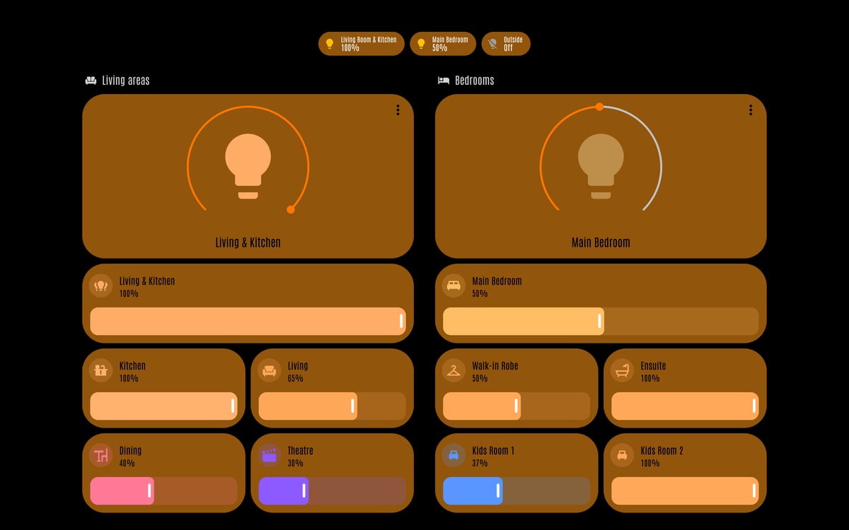 Home Assistant lights lab dashboard running the LCARS theme (Lower Decks), on desktop