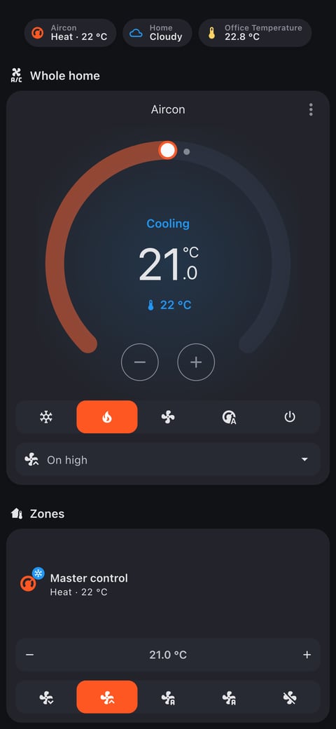 Home Assistant aircon lab dashboard running the Graphite theme (Dark), on a phone