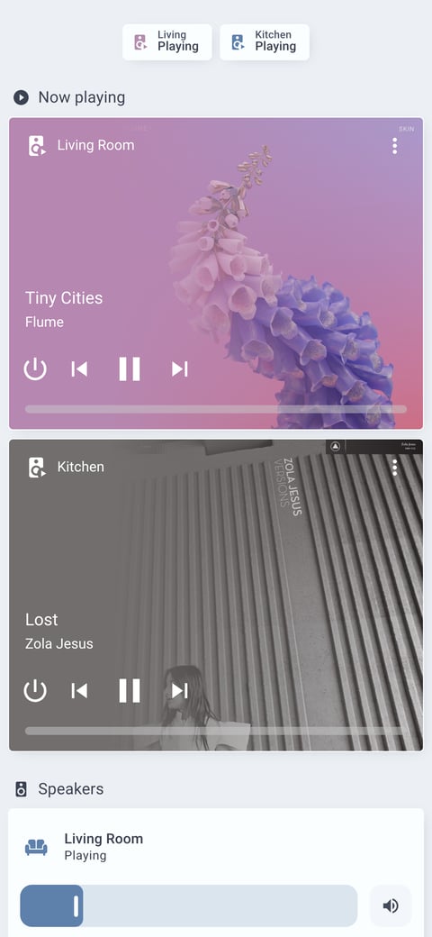 Home Assistant media lab dashboard running the Nordic theme (Light), on a phone