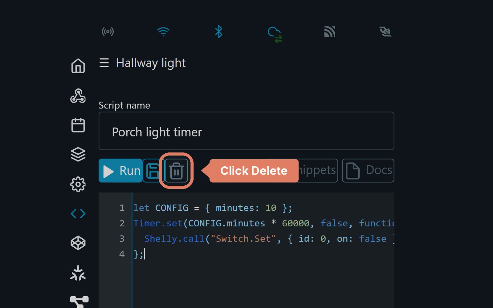 The Shelly web page's script editor, with the Delete button marked