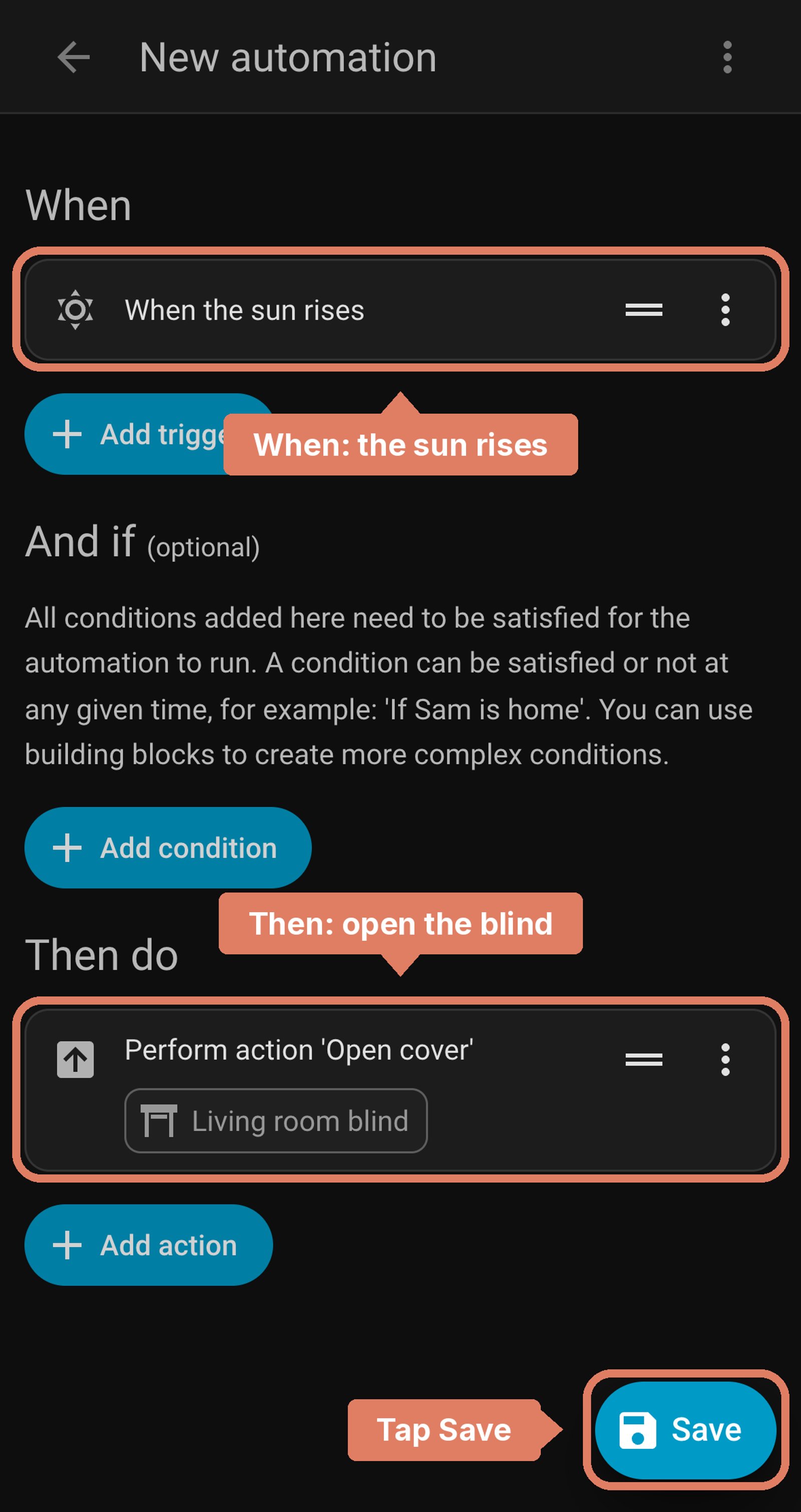 Home Assistant new automation before saving: when the sun rises, open Living room blind, with the trigger and action labelled and Save marked.