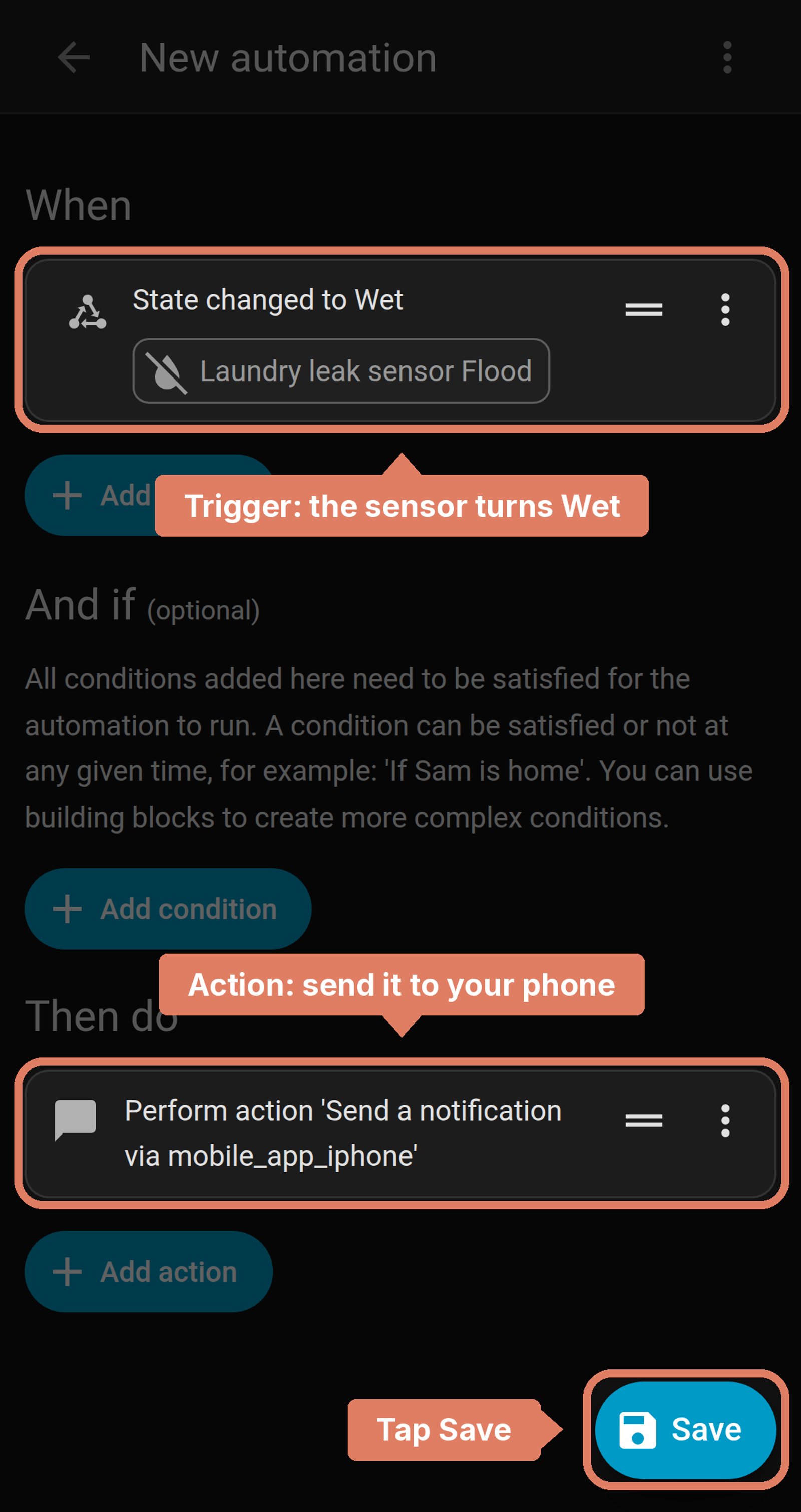 Home Assistant new automation before saving: when Laundry leak sensor Flood changes to Wet, send a notification to the phone, with the trigger and action labelled and Save marked.
