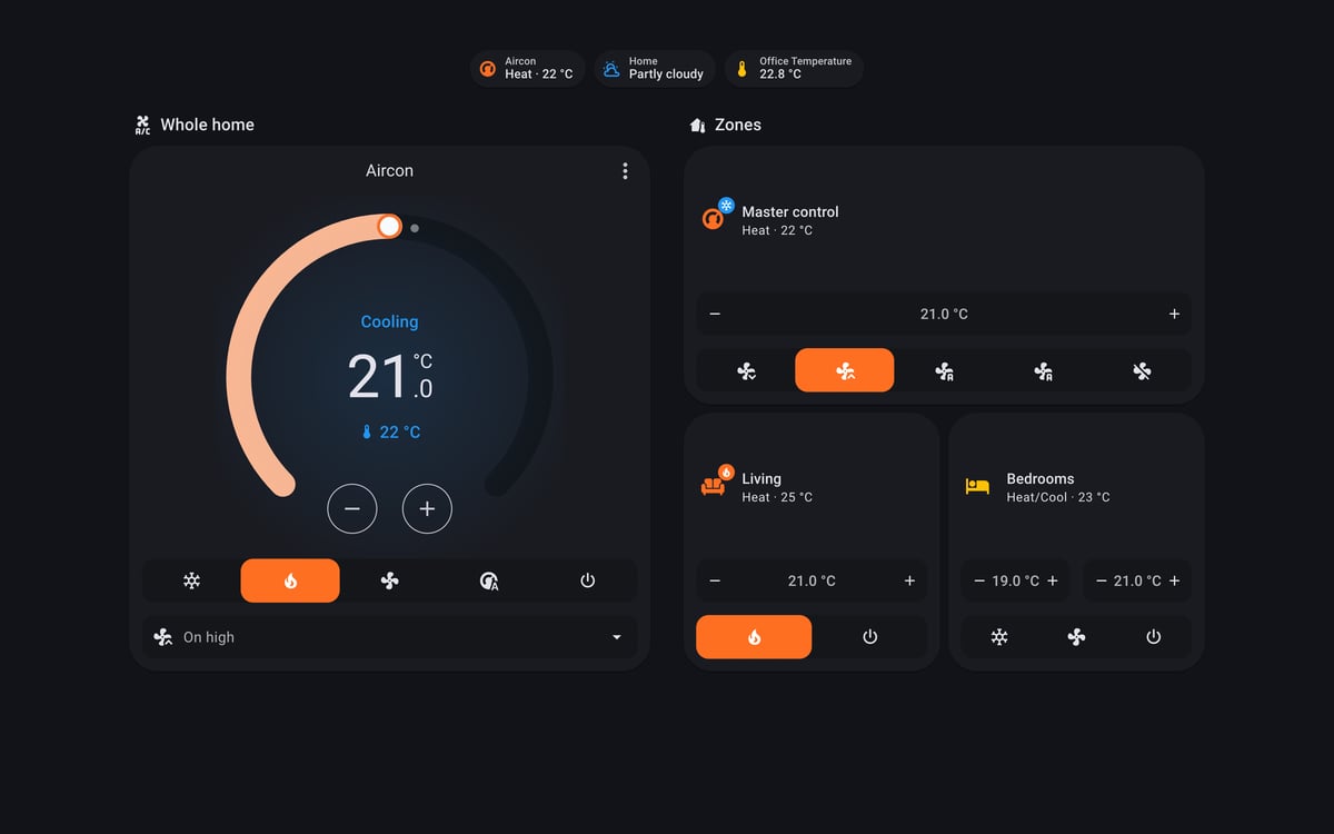 Home Assistant aircon lab dashboard running the Material You theme (Dark), on desktop