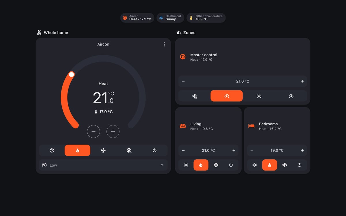 Home Assistant aircon lab dashboard running the Graphite theme (Dark), on desktop