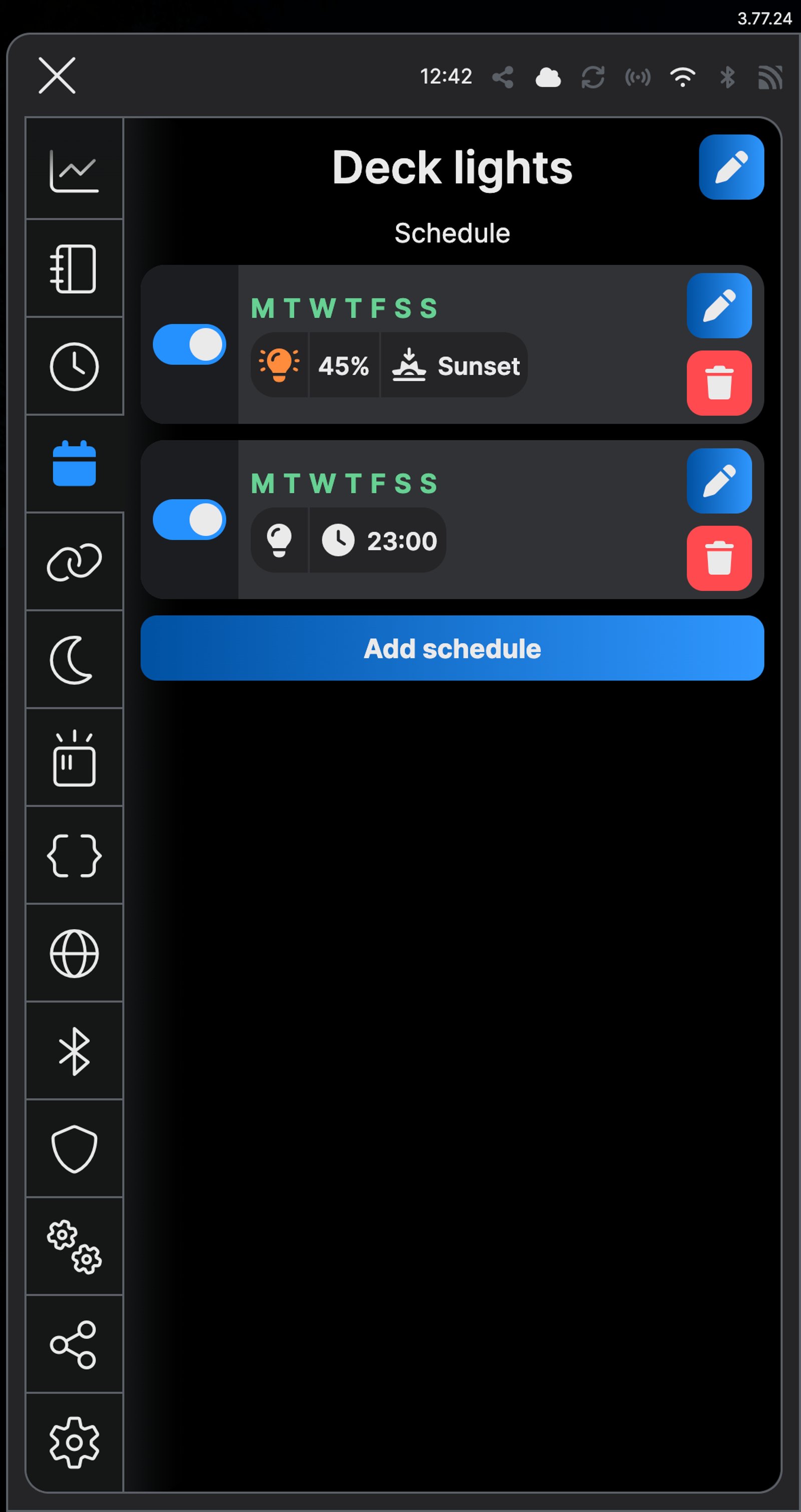 Shelly app schedules for Deck lights: on at sunset at 45% and off at 23:00, every day.