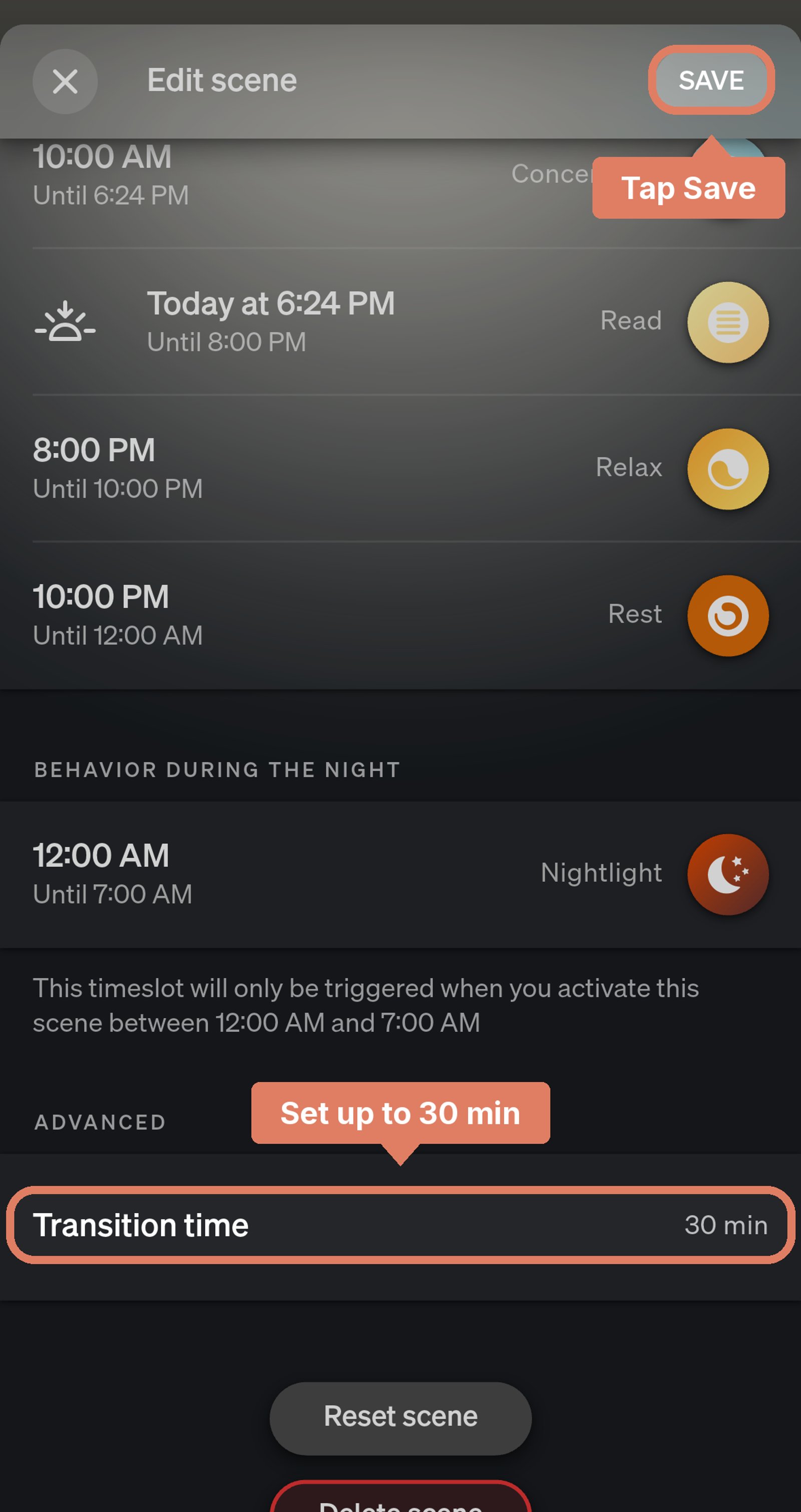 Philips Hue app Natural light scene editor with the transition time set to 30 minutes, with the transition time and Save marked.