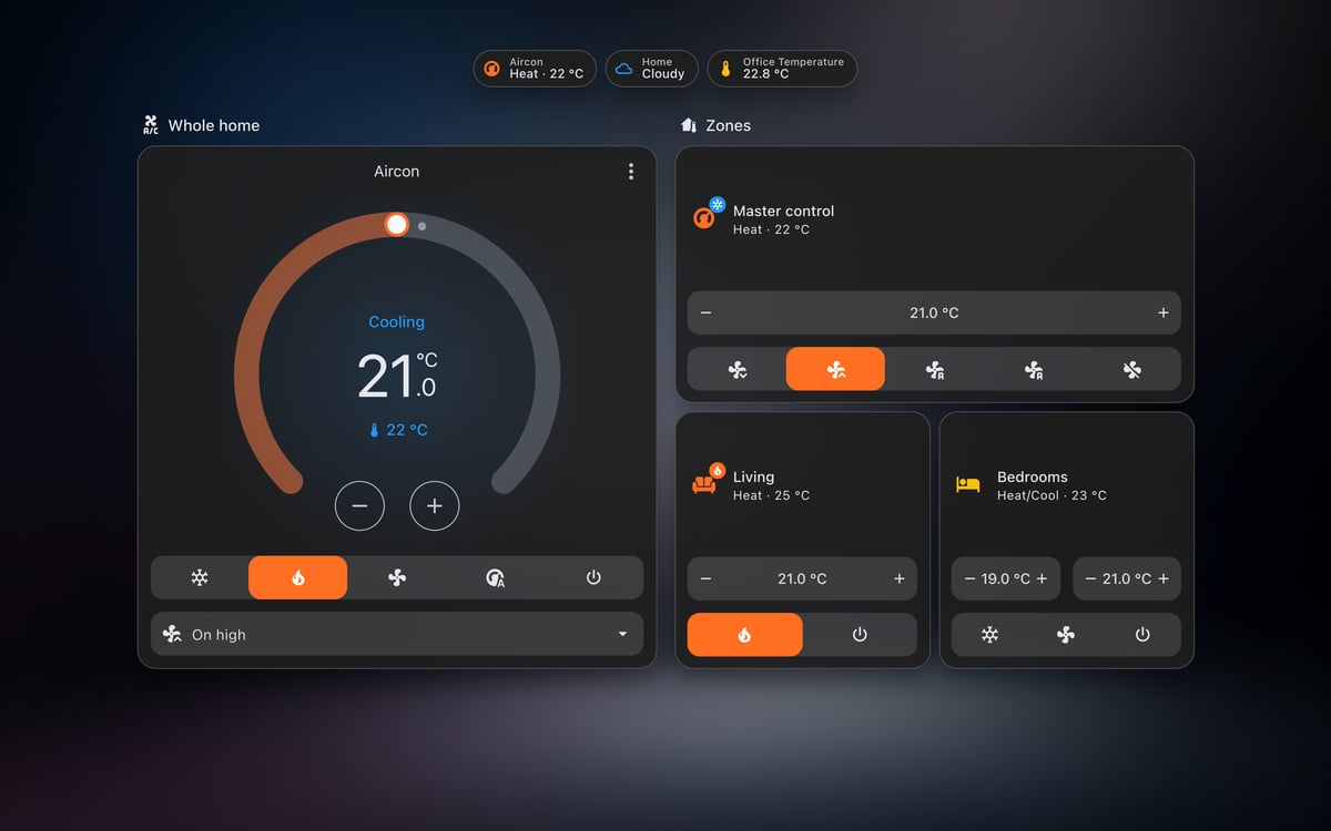 Home Assistant aircon lab dashboard running the Frosted Glass theme (Lite dark), on desktop