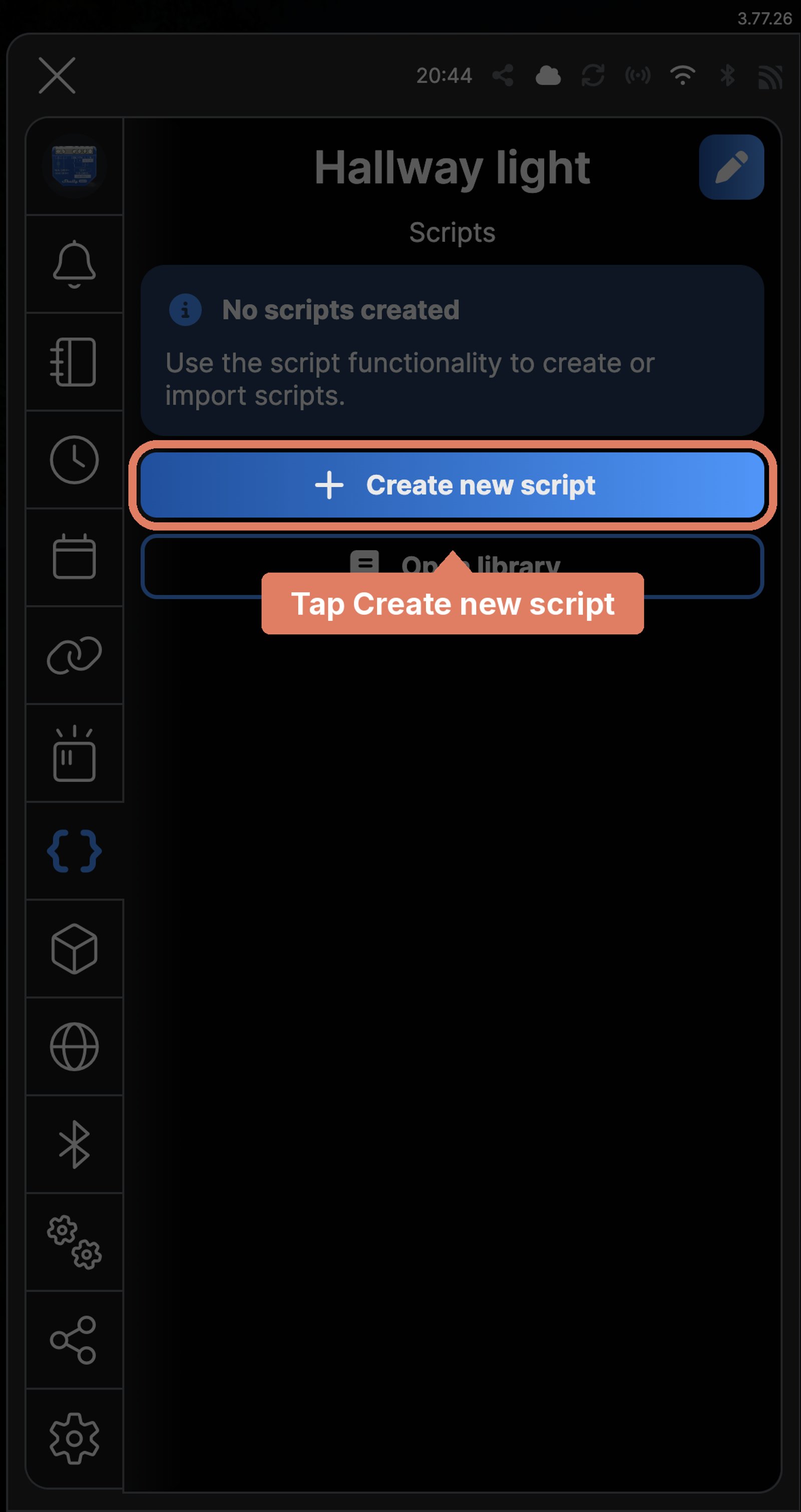 Shelly Smart Control Scripts screen reading No scripts created, with the Create new script button marked