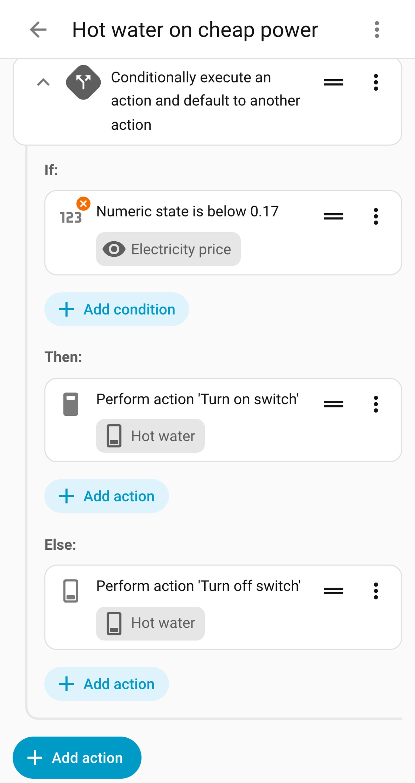 Home Assistant automation Hot water on cheap power: if Electricity price is below 0.17, turn on the Hot water switch, else turn it off.