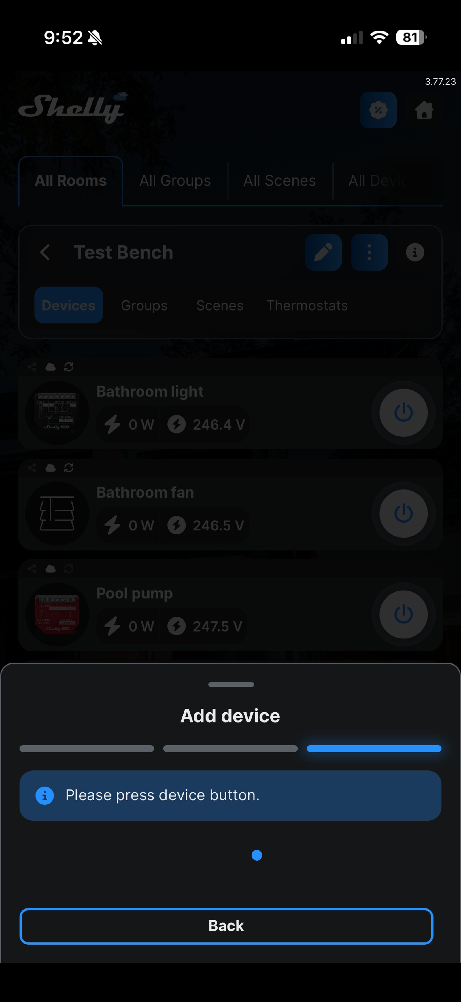 Shelly Smart Control Add device screen reading Please press device button while it waits for the sensor