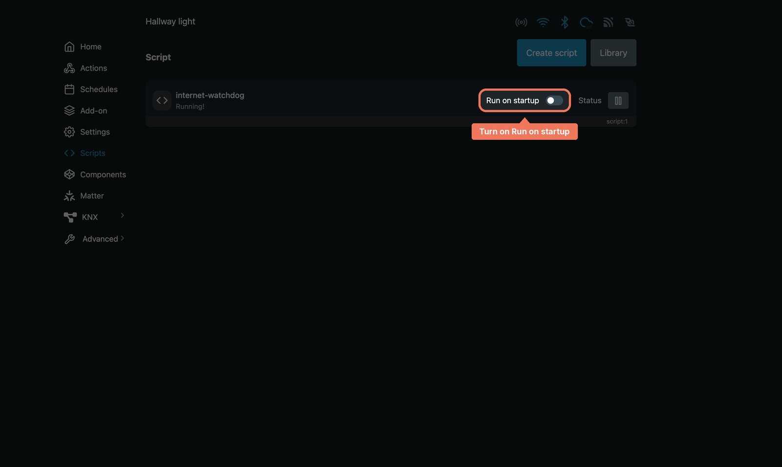 Shelly web interface Scripts list showing internet-watchdog running, with the Run on startup toggle marked
