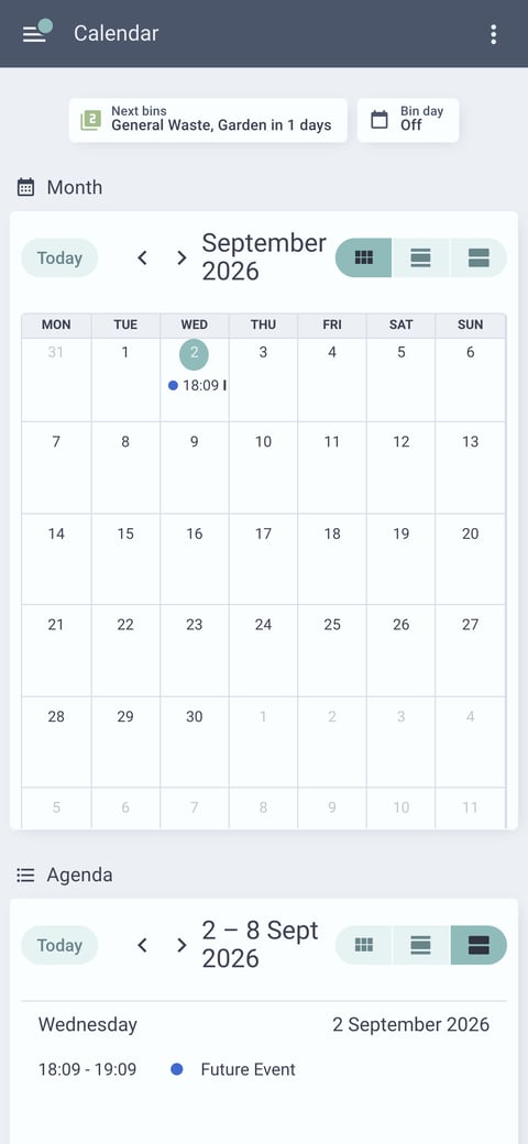 Home Assistant calendar lab dashboard running the Nordic theme (Light), on a phone