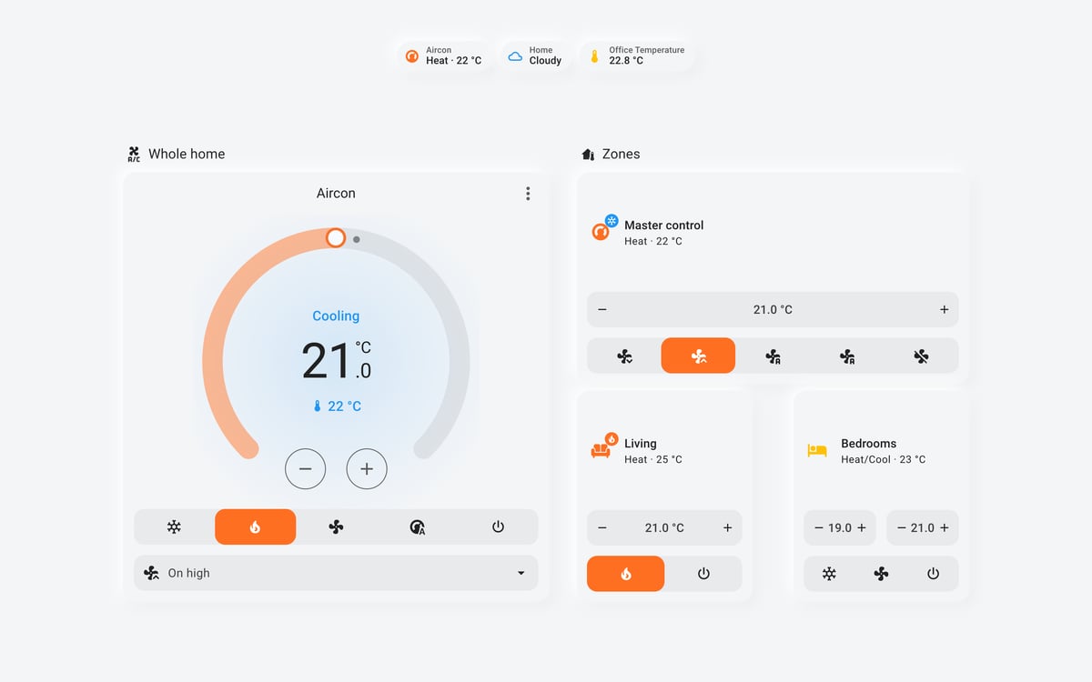 Home Assistant aircon lab dashboard running the Soft theme (Light), on desktop