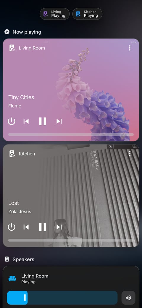 Home Assistant media lab dashboard running the Frosted Glass theme (Dark), on a phone
