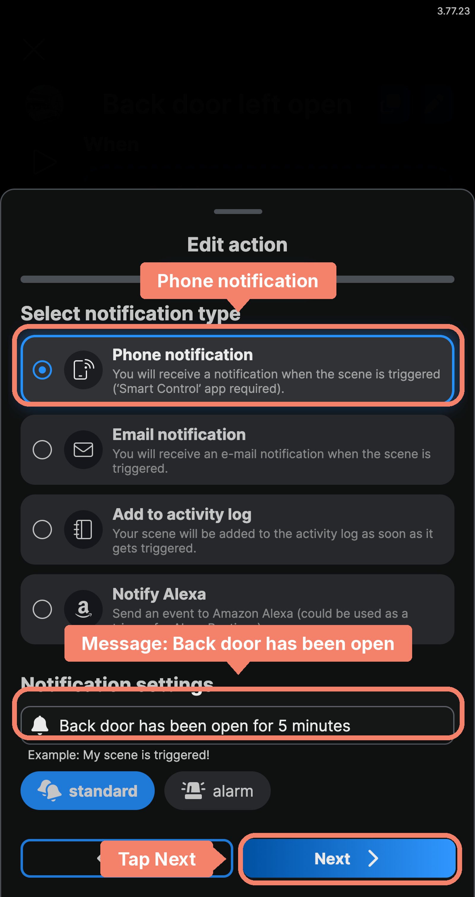 Shelly app notification action with Phone notification and the message Back door has been open for 5 minutes labelled, and Next marked.